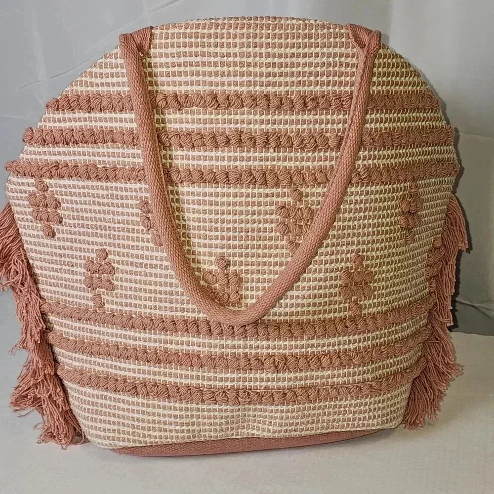 Shade & Shore Straw And Fringe‎  Mauve / White Beach Large Tote - Picture 10 of 13